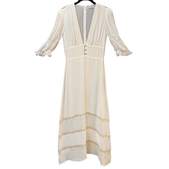 Reformation Ginny Lace-Trimmed Pintucked Georgette Midi Dress Size 6 Ivory White - Picture 2 of 15